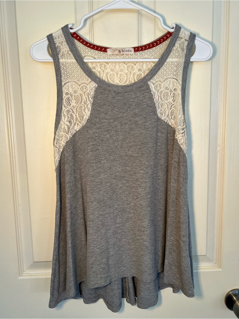 Rewind Gray Ribbed Lace Back Swing Tank Top Boho Sleeveless Tunic Size L